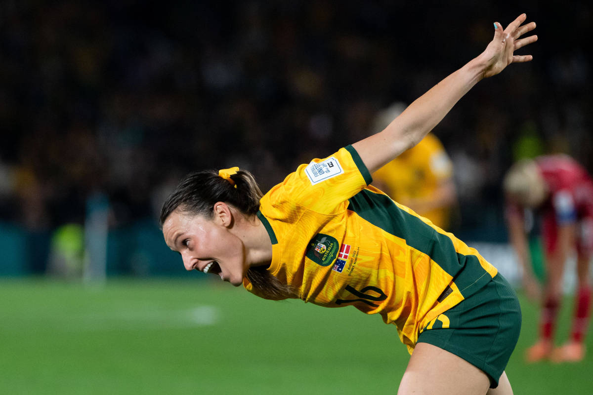 Hayley Raso pictured celebrating after scoring a goal for Australia in a 2-0 win over Denmark at the 2023 FIFA Women's World Cup