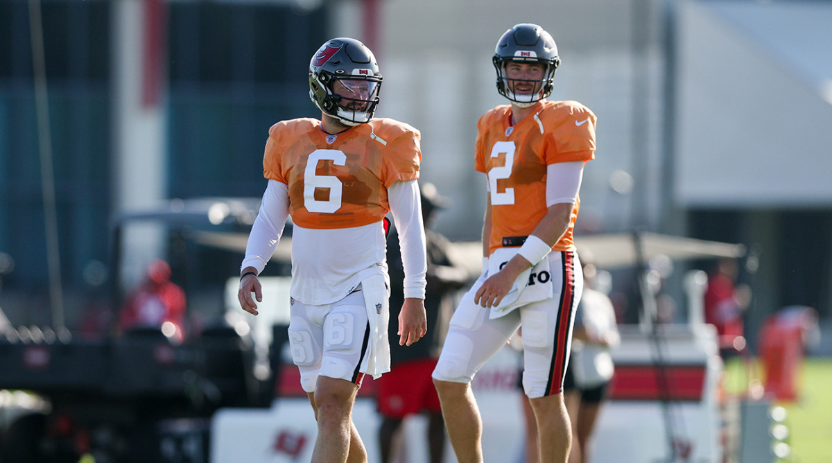 Buccaneers quarterback Baker Mayfield (6) and quarterback Kyle Trask (2) participate in training camp at AdventHealth Training Center.