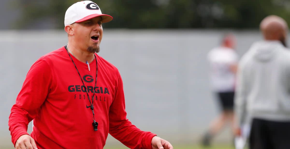 Georgia Tight Ends Coach Todd Hartley coaches his players up during a practice in Athens, Georgia. Hartley consistently keeps Georgia's tight end room among the most talented in the nation.