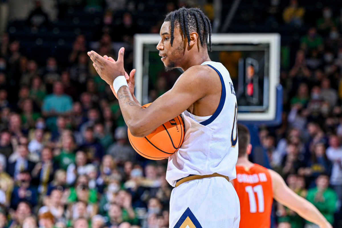 Notre Dame Fighting Irish guard Blake Wesley (0) reacts in the second half against the Syracuse Orange at the Purcell Pavilion.