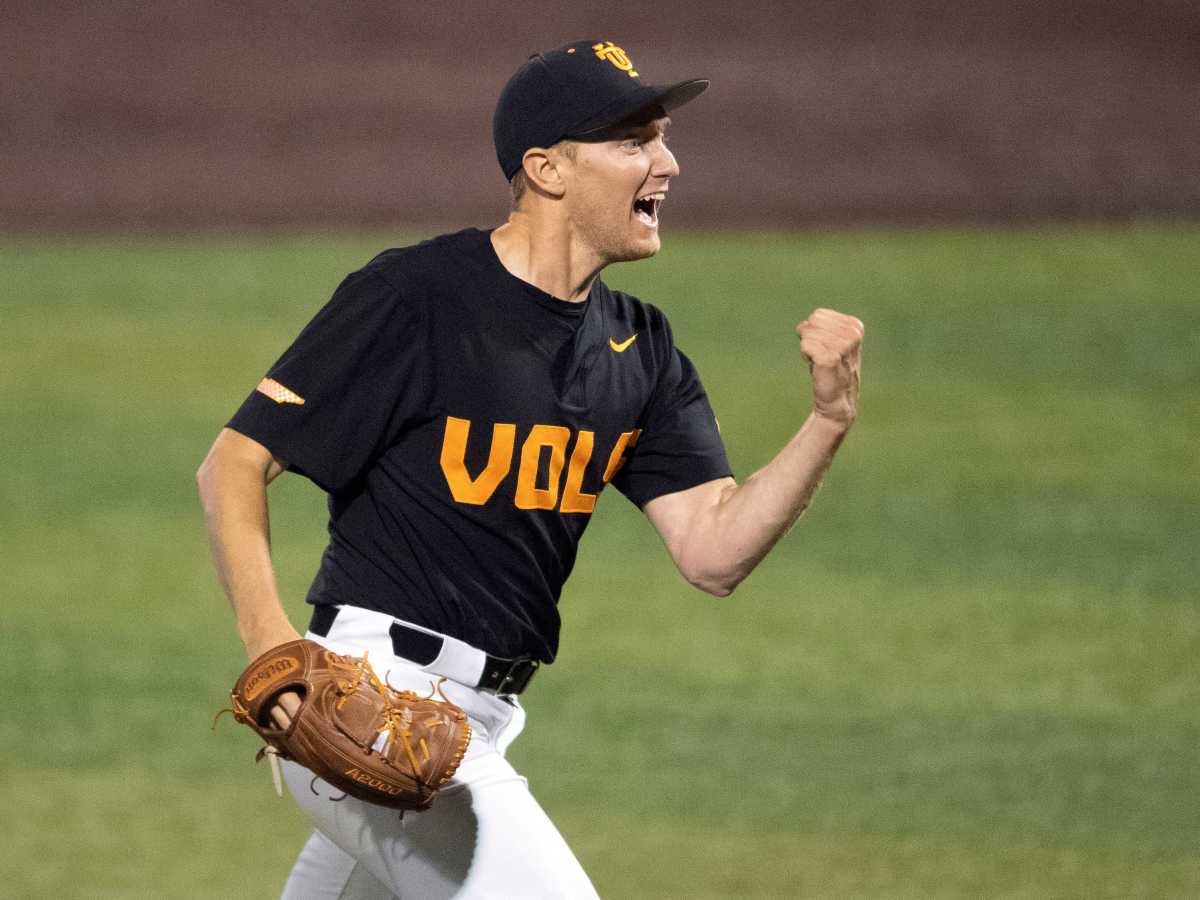 Tennessee pitcher Redmond Walsh (46) celebrates after striking out Georgia Tech's Colin Hall to end the NCAA Knoxville Regional baseball championship game against Georgia Tech in Knoxville, Tenn. on Sunday, June 5, 2022. Ncaa Baseball Ut Ga Tech