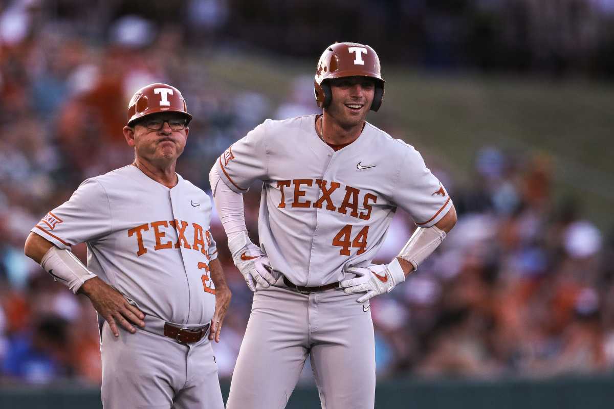 Texas outfielder Austin Todd (44) smiles from third base during the NCAA regional playoff game against Air Force at Disch-Falk Field in Austin, Texas on June 5, 2022. Aem Texas V Air Force Ncaa G2 19