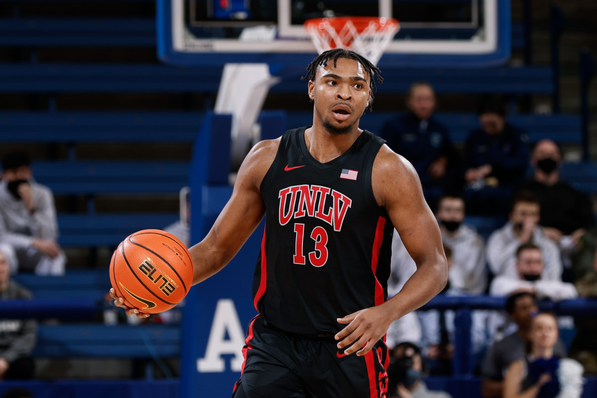 UNLV Rebels guard Bryce Hamilton (13) dribbles the ball up court in the first half against the Air Force Falcons at Clune Arena.