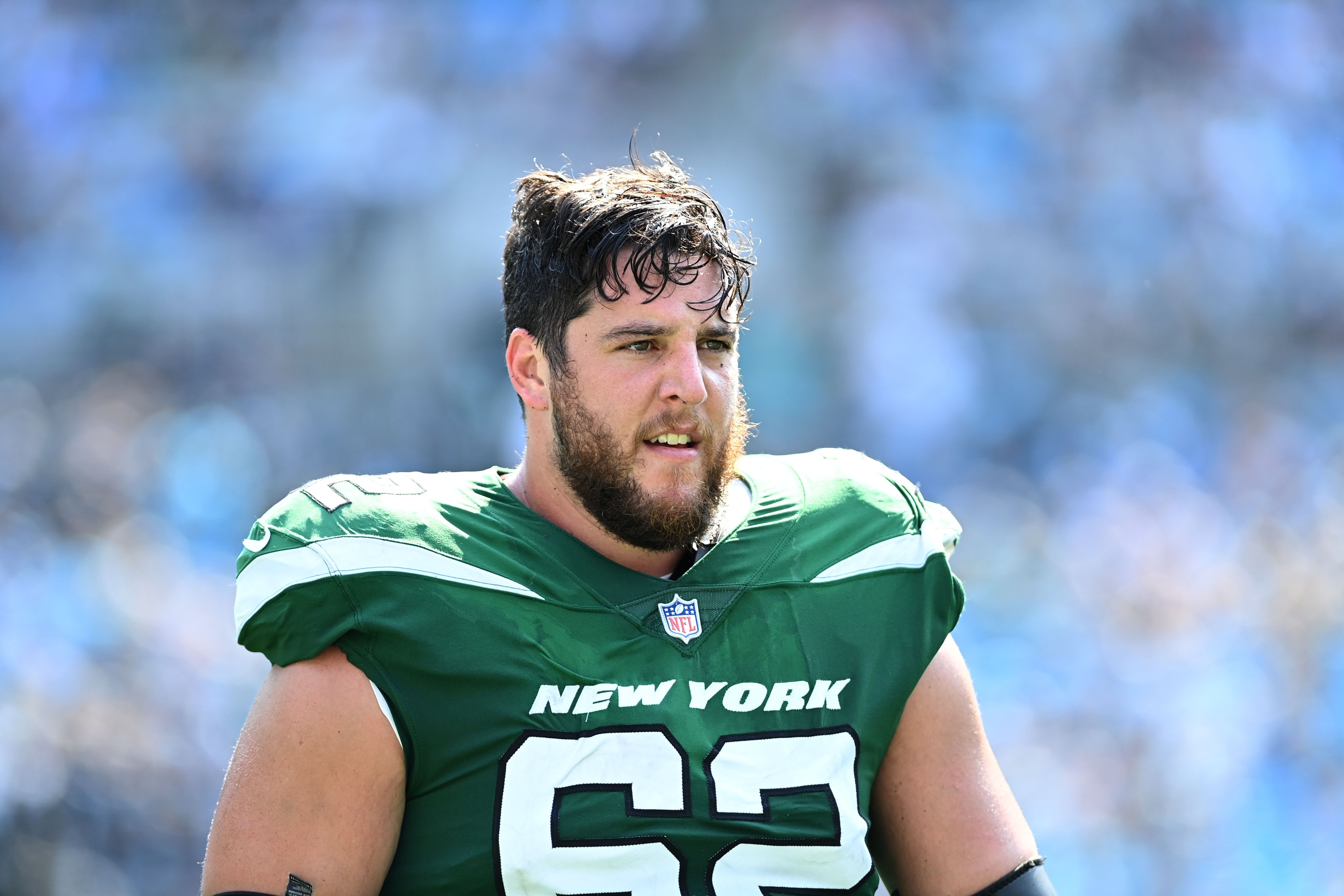 Buffalo Bills center Greg Van Roten (75) walks back to the line of  scrimmage during an NFL football game against the Tennessee Titans, Monday,  Sept. 19, 2022, in Orchard Park, N.Y. (AP