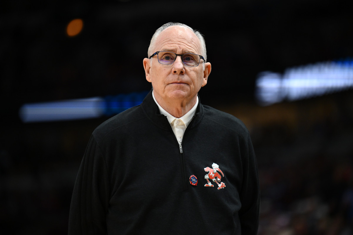 Miami Hurricanes head coach Jim Larranaga during the first half against the Kansas Jayhawks in the finals of the Midwest regional of the men's college basketball NCAA Tournament at United Center.