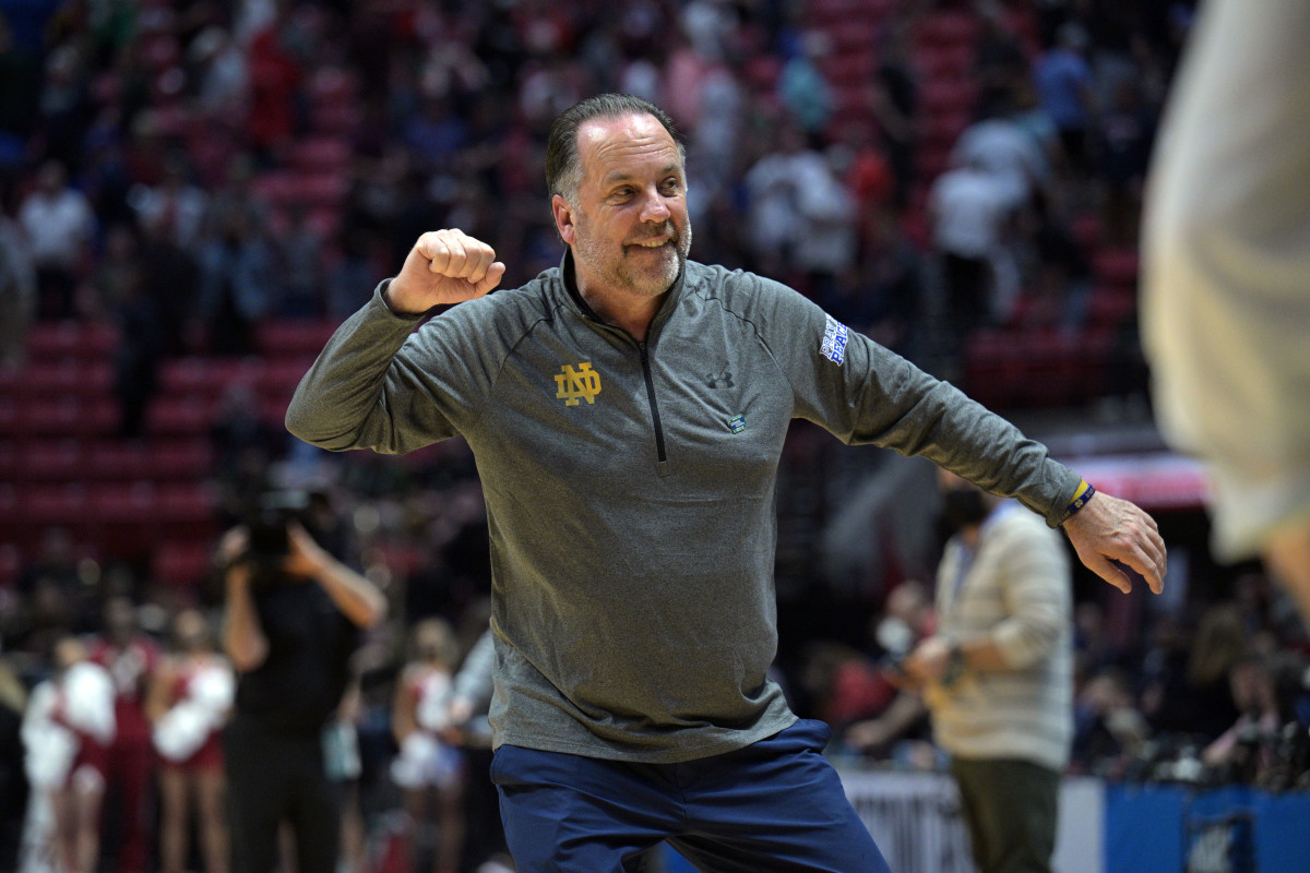 Notre Dame Fighting Irish head coach Mike Brey celebrates after the Notre Dame Fighting Irish defeated the Alabama Crimson Tide during the first round of the 2022 NCAA Tournament at Viejas Arena.