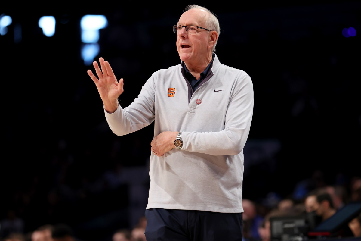 Syracuse Orange head coach Jim Boeheim coaches against the Duke Blue Devils during the first half at Barclays Center.