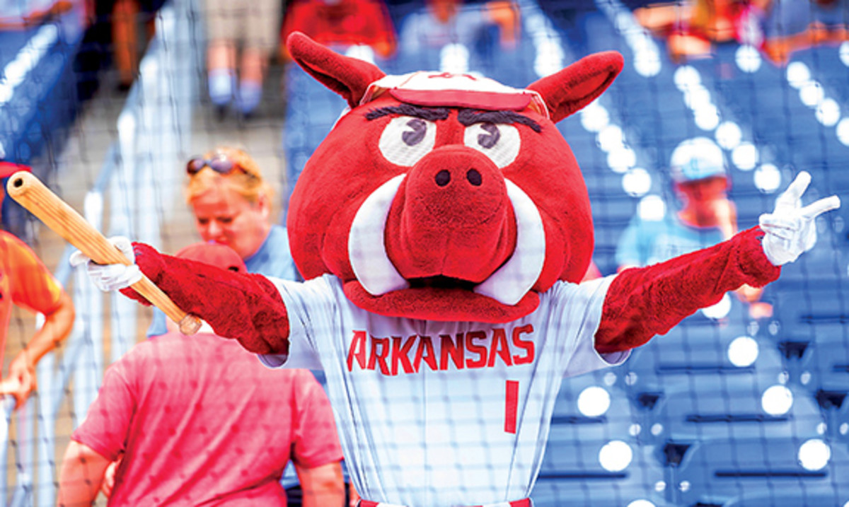 Arkansas Razorbacks mascot Ribby gestures before a game against the Ole Miss Rebels at Charles Schwab Field.