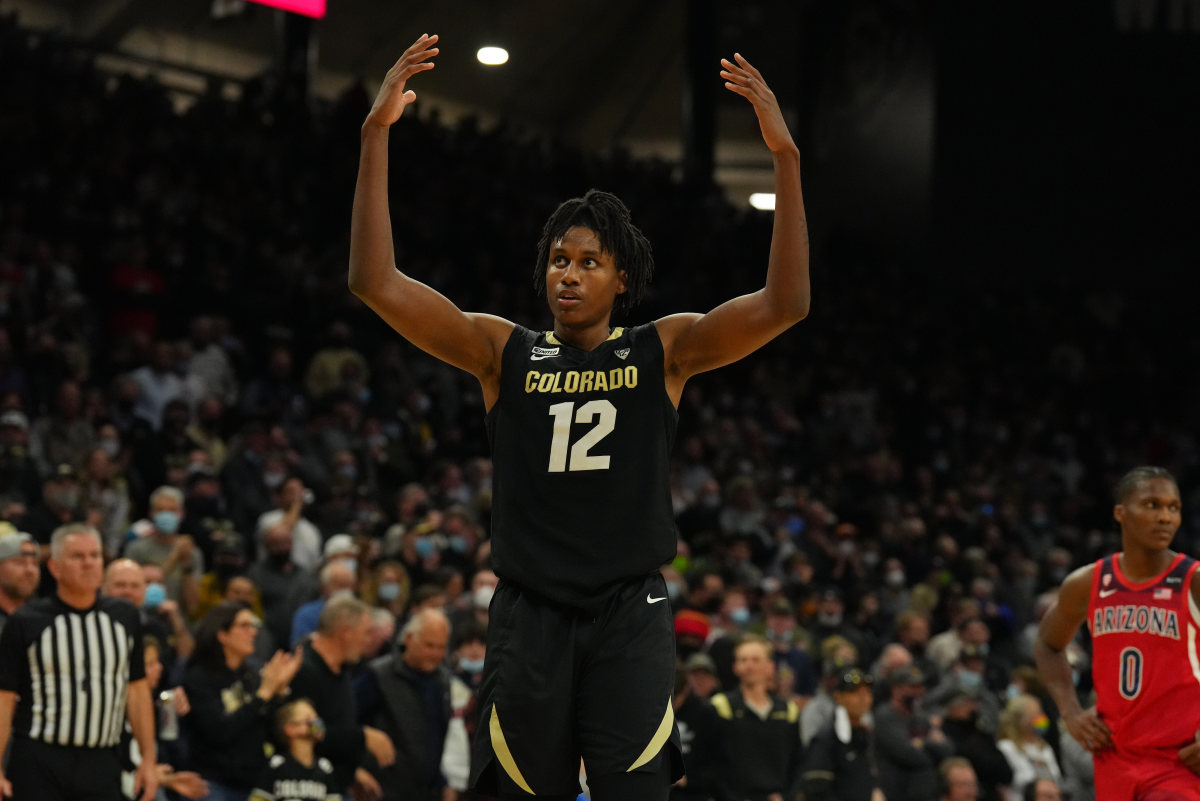 Colorado Buffaloes forward Jabari Walker (12) reacts in the second half against the Arizona Wildcats at the CU Events Center.