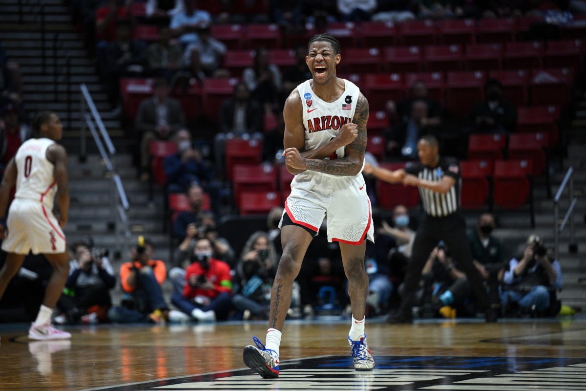 Arizona Wildcats guard Dalen Terry (4) reacts in the first half against the TCU Horned Frogs during the second round of the 2022 NCAA Tournament at Viejas Arena.