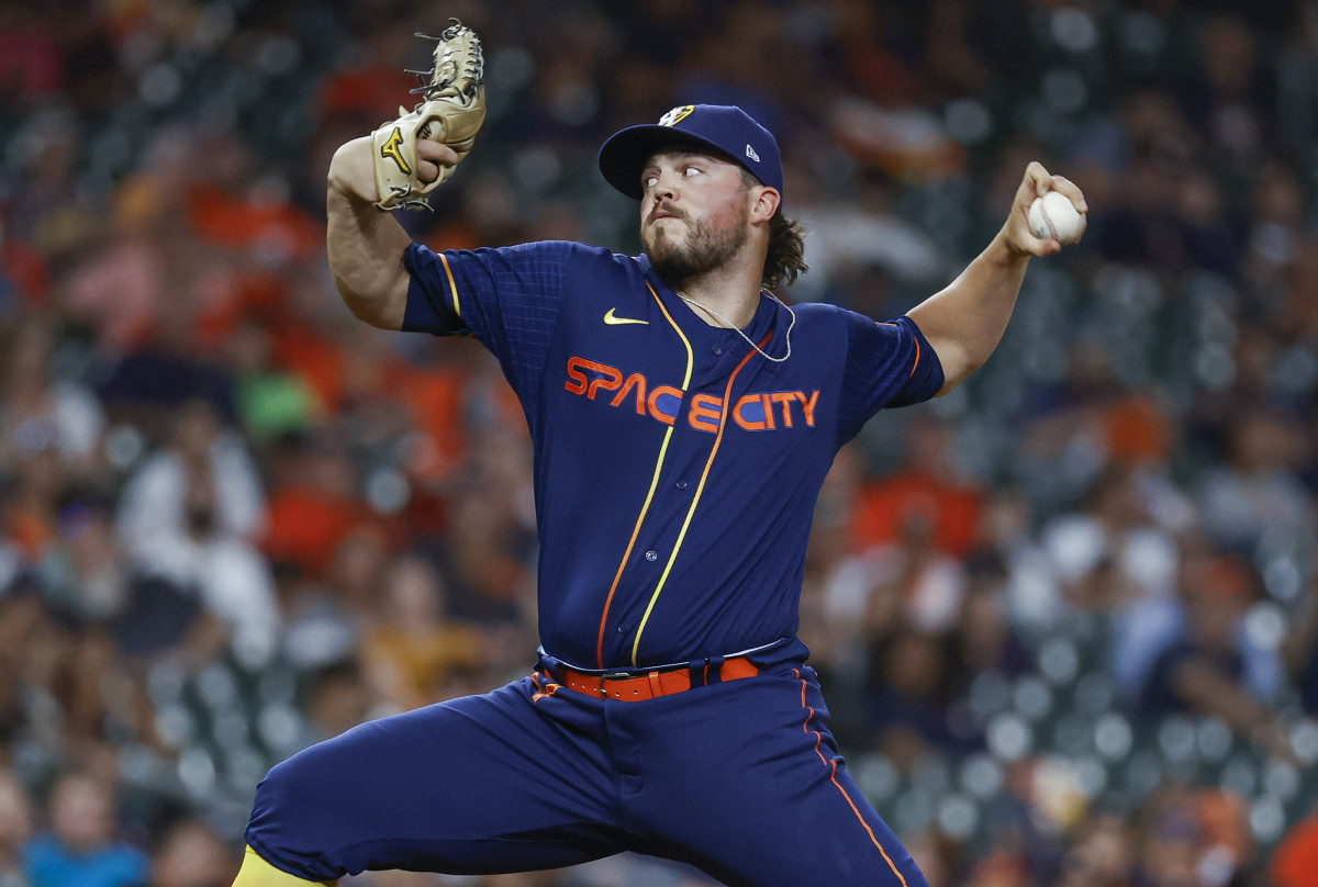 Houston Astros relief pitcher Parker Mushinski looks in at the plate during  the fifth inning of a baseball game against the Texas Rangers, Monday, July  24, 2023, in Houston. (AP Photo/Kevin M.