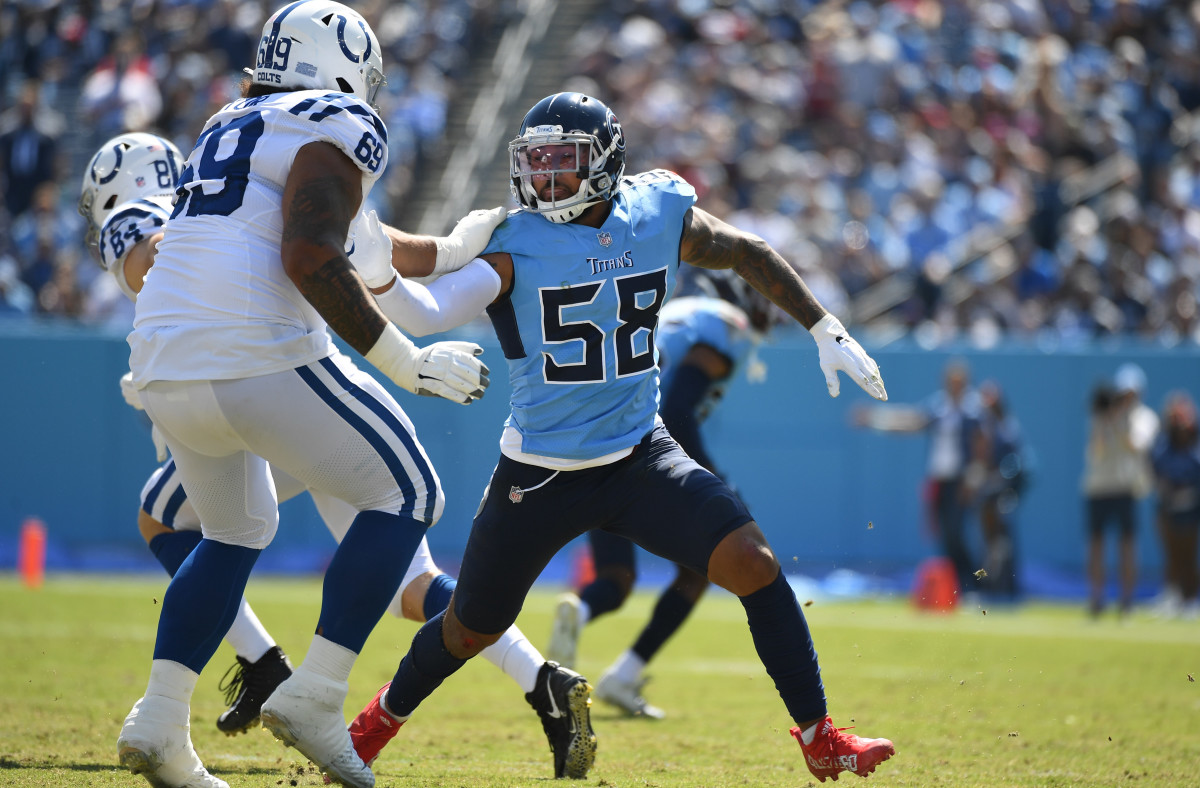 Sep 26, 2021; Nashville, Tennessee, USA; Tennessee Titans linebacker Harold Landry (58) rushes against Indianapolis Colts offensive tackle Matt Pryor (69) during the first half at Nissan Stadium.
