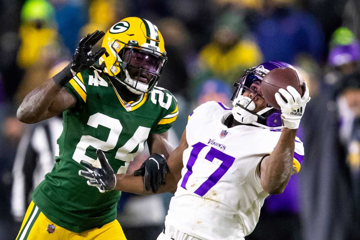 Minnesota Vikings wide receiver K.J. Osborn (17) celebrates with Minnesota  Vikings wide receiver Justin Jefferson (18) after a touchdown against the  New York Jets during the first half of an NFL football