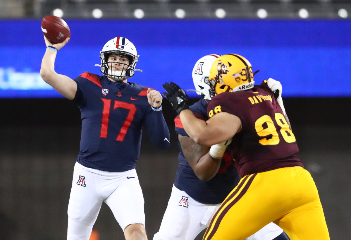 Arizona Wildcats quarterback Grant Gunnell (17) against the Arizona State Sun Devils during the Territorial Cup at Arizona Stadium.