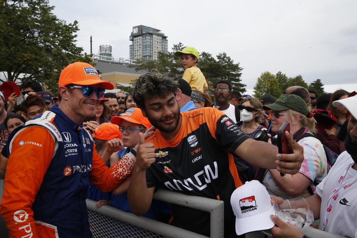 Scott Dixon celebrates his win Sunday with fans in Toronto. Photo: IndyCar/Chris Jones.