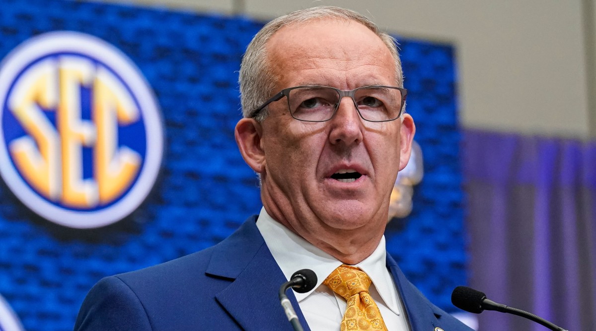 SEC commissioner Greg Sankey speaks at SEC media days.