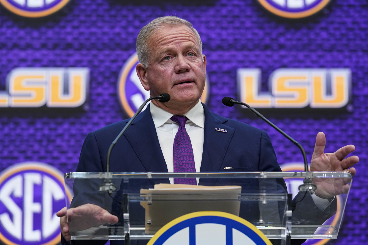 Jul 18, 2022; Atlanta, GA, USA; LSU Tigers head coach Brian Kelly speaks to the media during SEC Media Days at the College Football Hall of Fame. Mandatory Credit: Dale Zanine-USA TODAY Sports