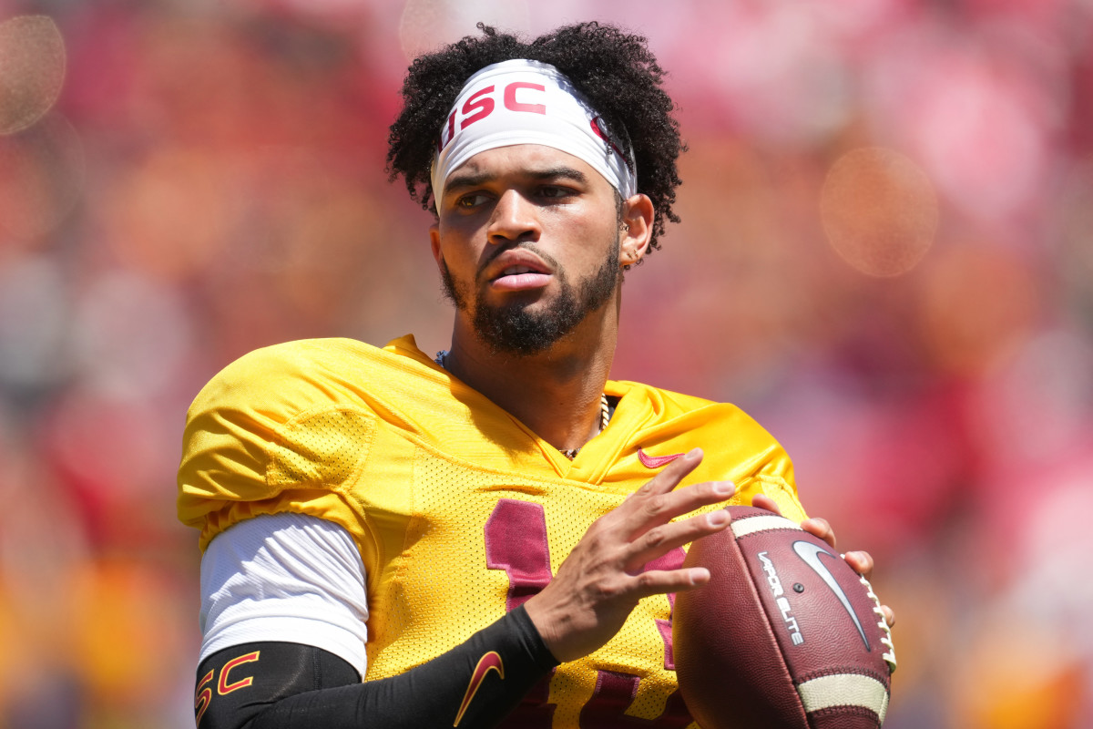 Southern California Trojans quarterback Caleb Williams (13) throws the ball during the spring game at the Los Angeles Memorial Coliseum. Mandatory Credit: Kirby Lee-USA TODAY Sports.