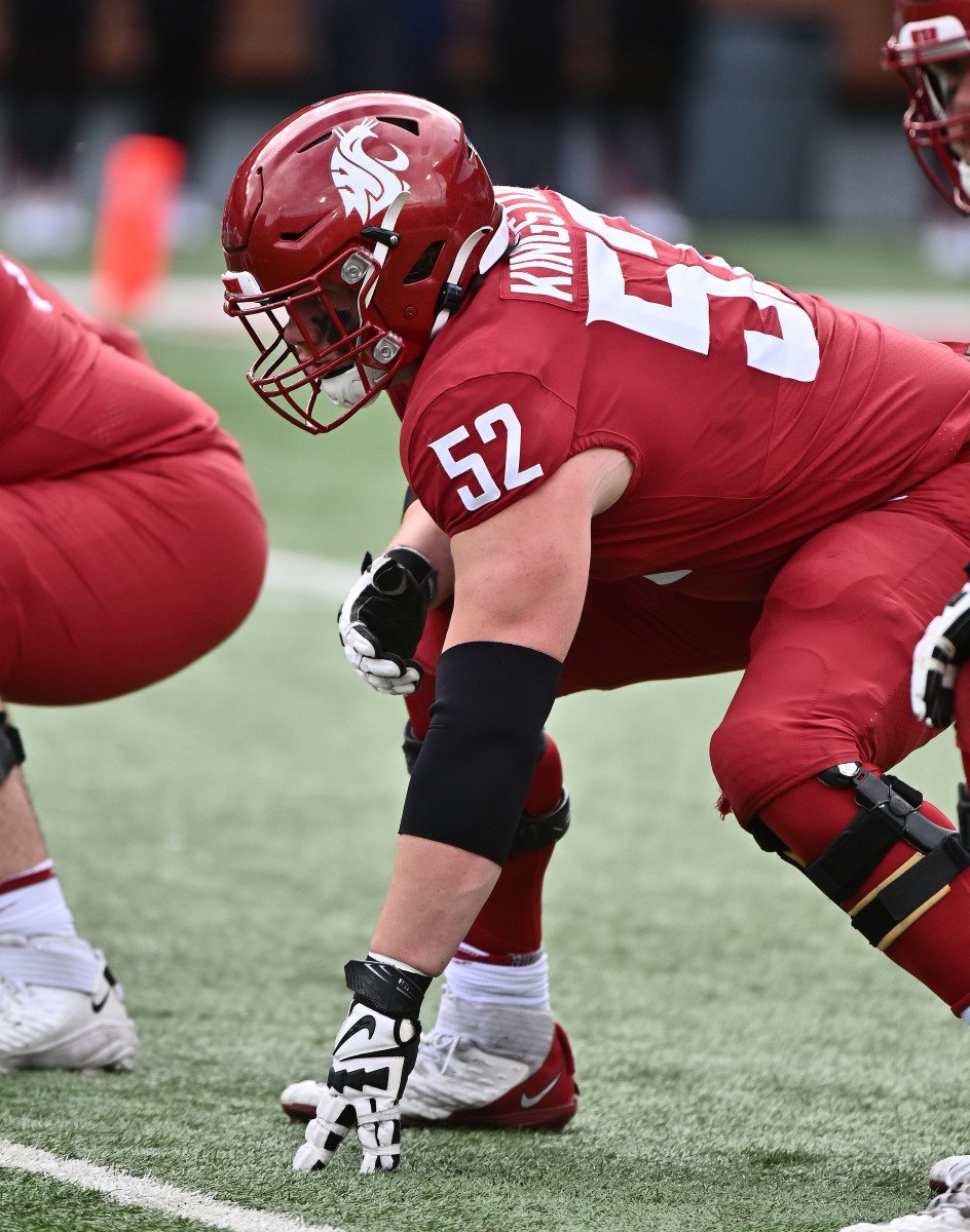 Washington State Cougars offensive lineman Jarrett Kingston (52) lines up for a play against the Brigham Young Cougars in the first half at Gesa Field at Martin Stadium.