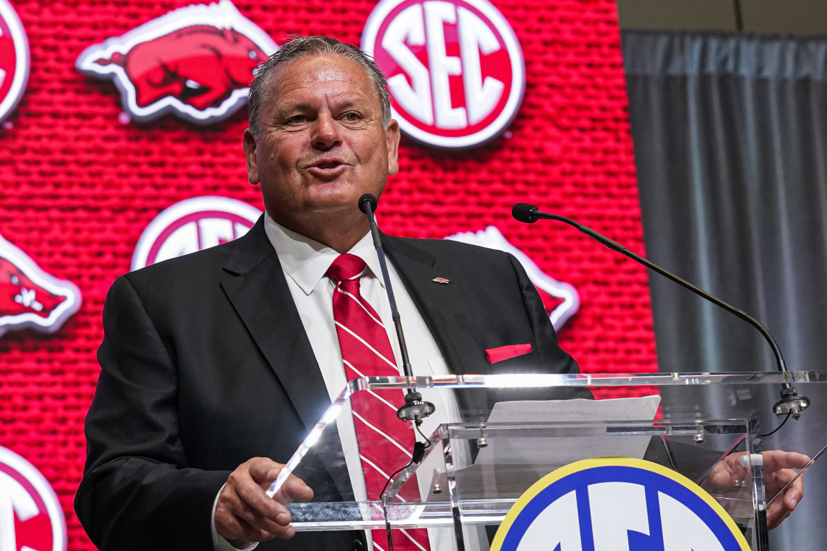 Jul 20, 2022; Atlanta, GA, USA; Arkansas head coach Sam Pittman shown on the stage during SEC Media Days at the College Football Hall of Fame. Mandatory Credit: Dale Zanine-USA TODAY Sports