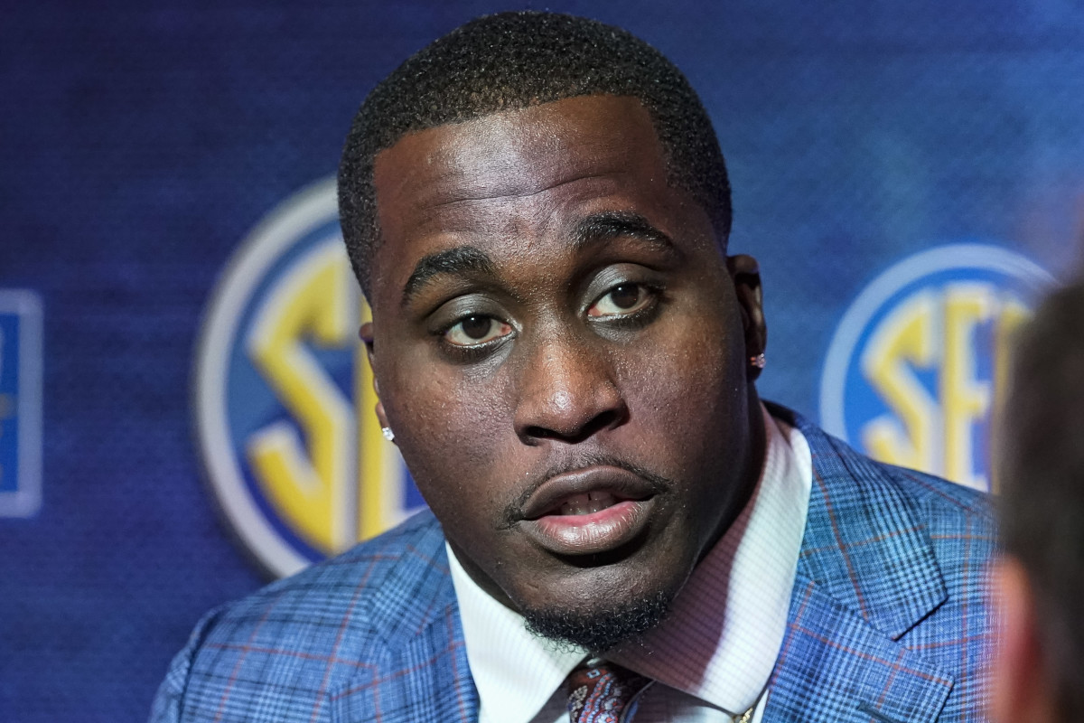 Jul 21, 2022; Atlanta, GA, USA; Auburn Tigers player Derick Hall answers questions during SEC Media Days at the College Football Hall of Fame. Mandatory Credit: Dale Zanine-USA TODAY Sports