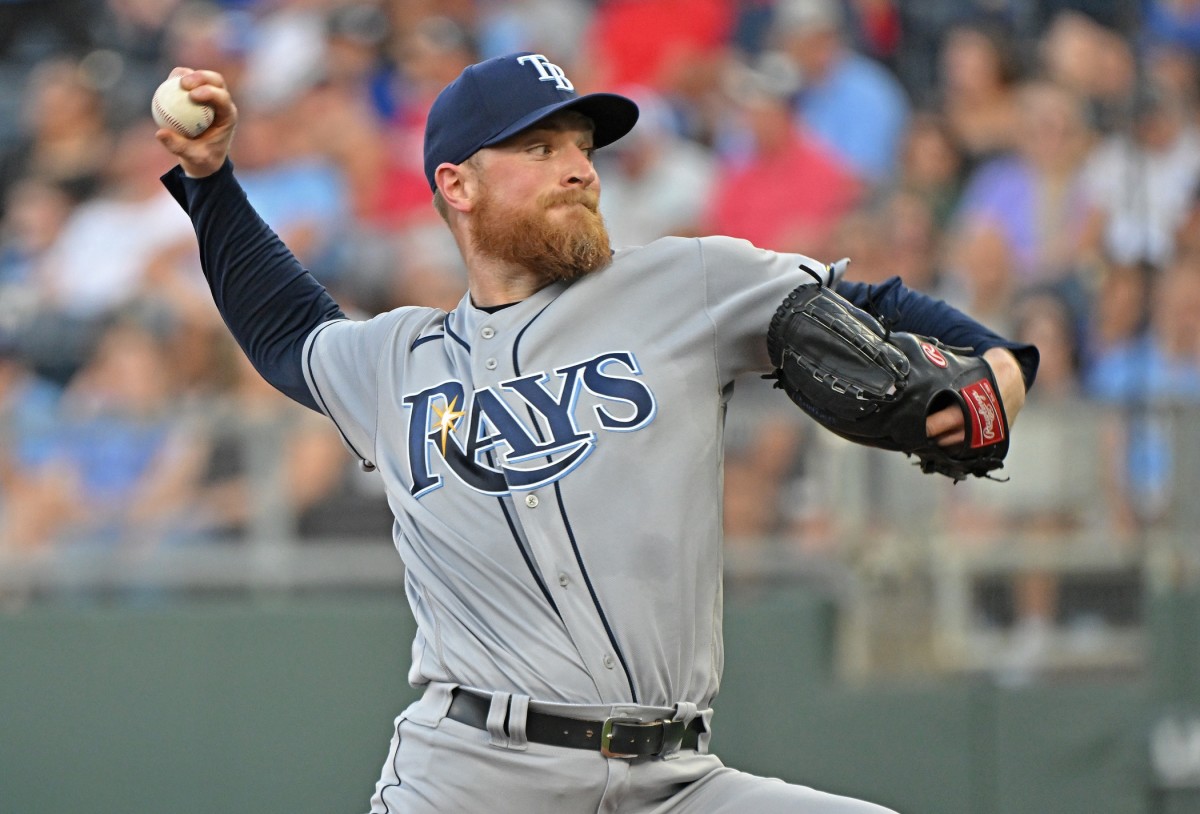 Tampa Bay Rays pitcher Drew Rasmussen (57) delivers a pitch during the first inning against the Kansas City Royals at Kauffman Stadium. (Peter Aiken-USA TODAY Sports)