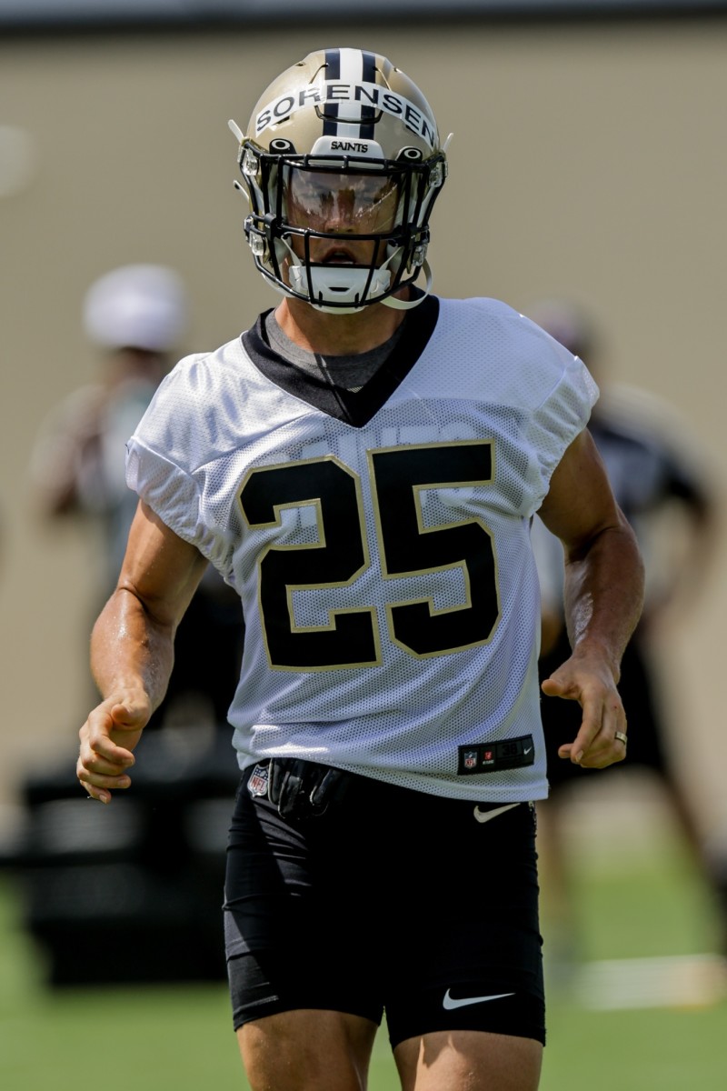 New Orleans Saints safety Daniel Sorensen (25) during warmups at the Saints Training Facility. Mandatory Credit: Stephen Lew-USA TODAY Sports