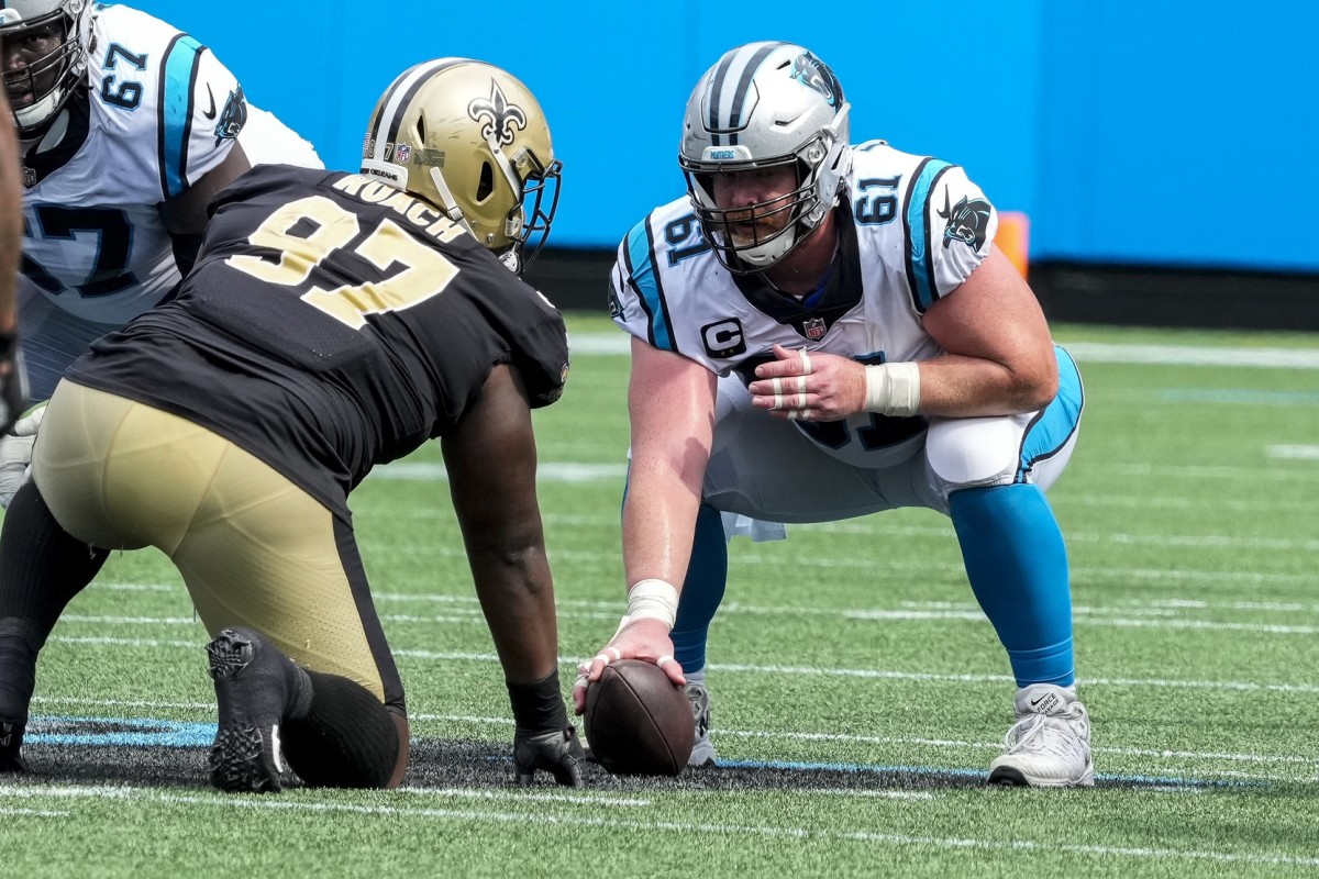 New Orleans Saints defensive end Malcolm Roach (97) lines up against Carolina Panthers center Matt Paradis (61). Mandatory Credit: Jim Dedmon-USA TODAY