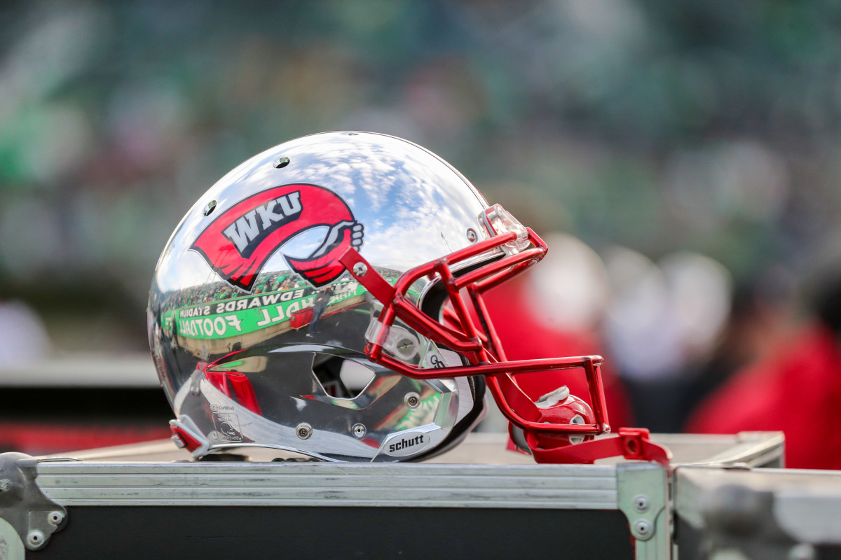 Nov 27, 2021; Huntington, West Virginia, USA; A Western Kentucky Hilltoppers helmet at Joan C. Edwards Stadium. Mandatory Credit: Ben Queen-USA TODAY Sports