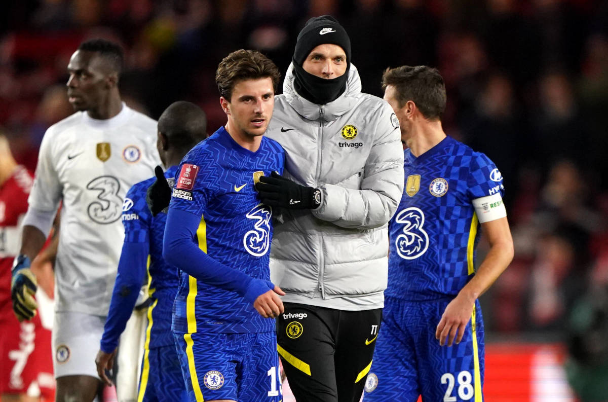 Mason Mount is congratulated by Thomas Tuchel after assisting two goals in Chelsea 2-0 win at Middlesbrough in 2022