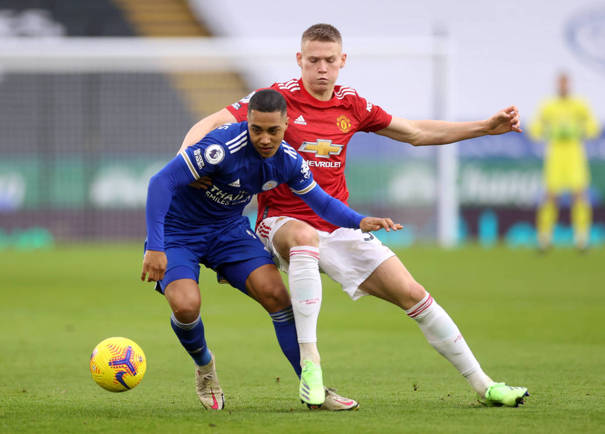 Youri Tielemans pictured in action for Leicester against Man United in 2020