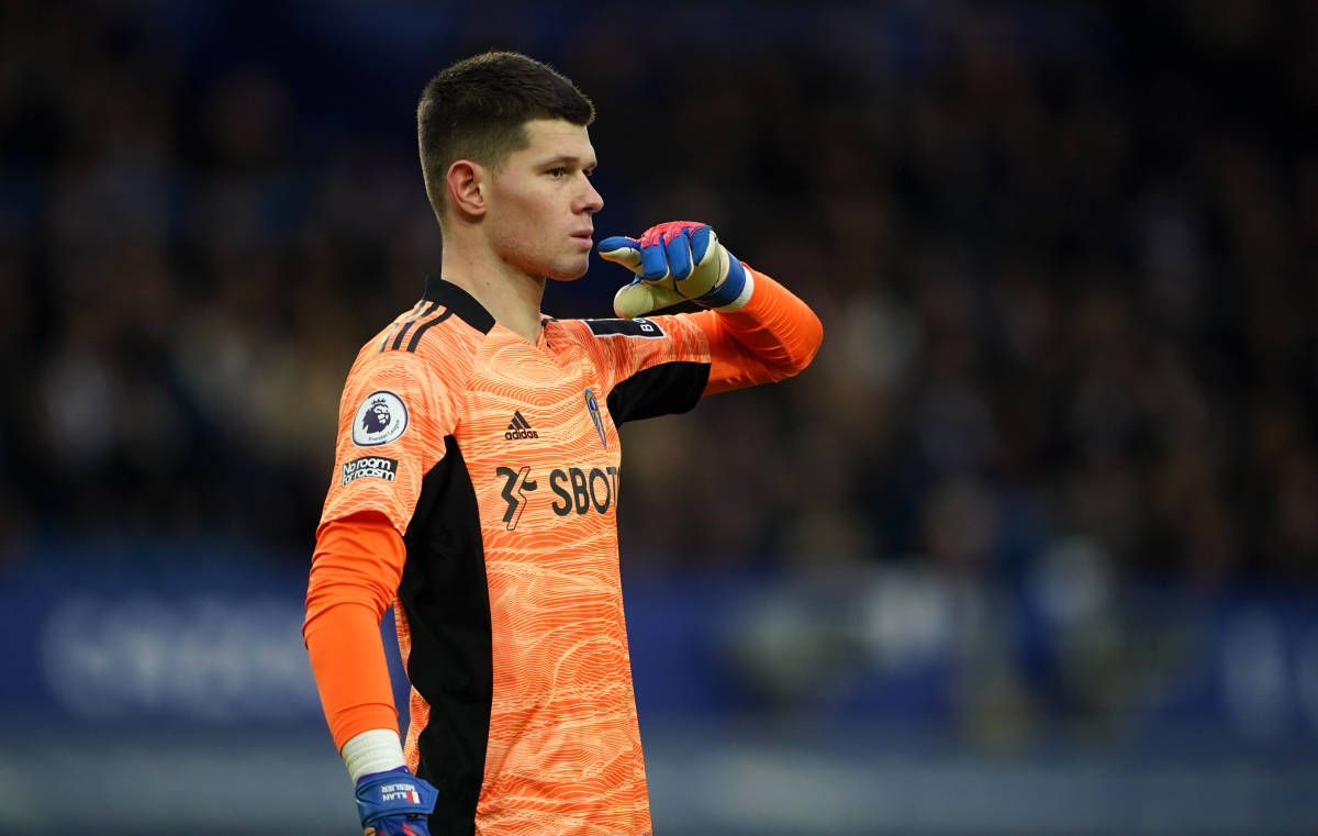 Leeds United goalkeeper Illan Meslier watches on during his side's game at Everton in February 2022