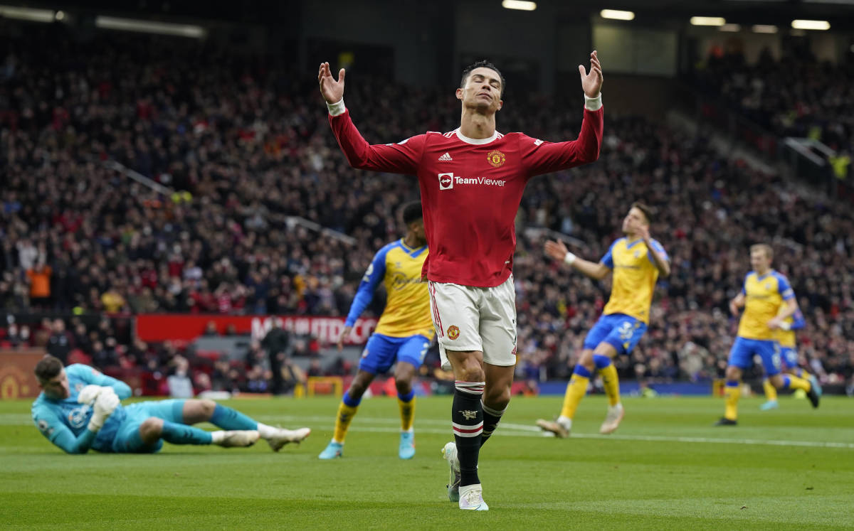 Cristiano Ronaldo looks disappointed during Manchester United's 1-1 draw with Southampton in February 2022