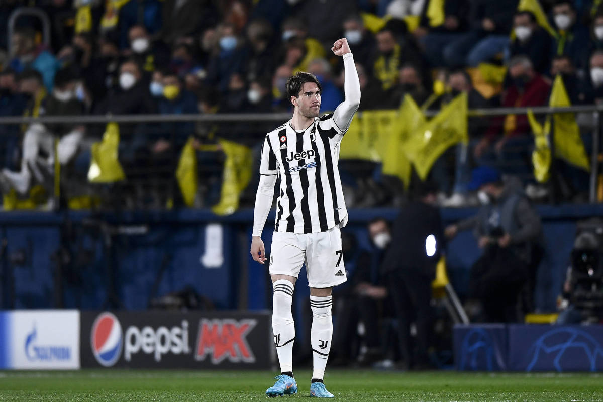 Dusan Vlahovic celebrates after scoring his first Champions League goal for Juventus against Villarreal