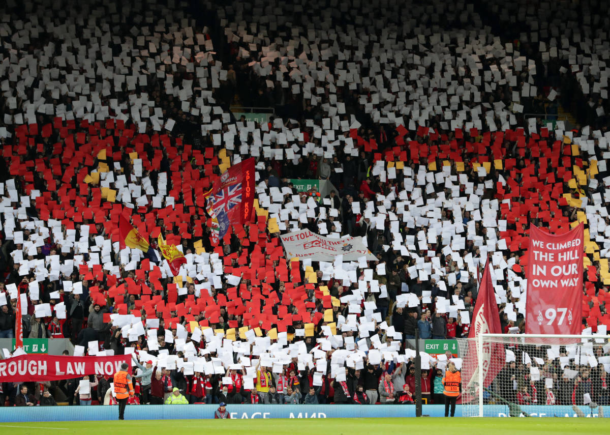 Liverpool supporters at Anfield in April 2022 display a giant mosaic in memory of the 97 victims of the Hillsborough disaster