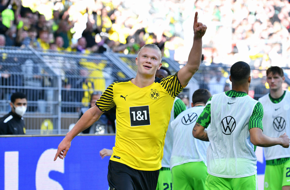 Erling Haaland celebrates after scoring for Dortmund against Wolfsburg in April 2022