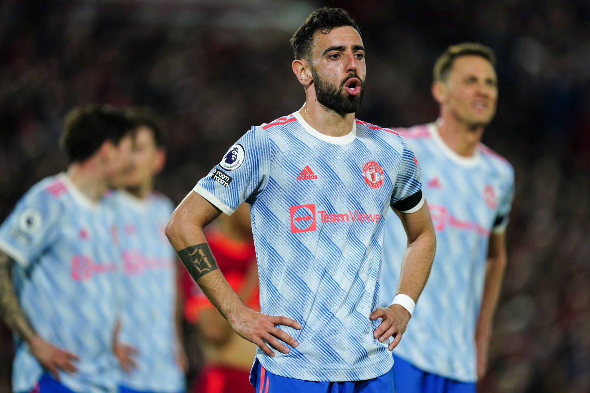 Bruno Fernandes pictured looking dejected during Manchester United's 4-0 loss at Liverpool in April 2022