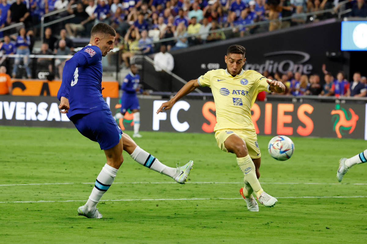 Kai Havertz (left) pictured shooting for Chelsea against Club America in a friendly match in July 2022