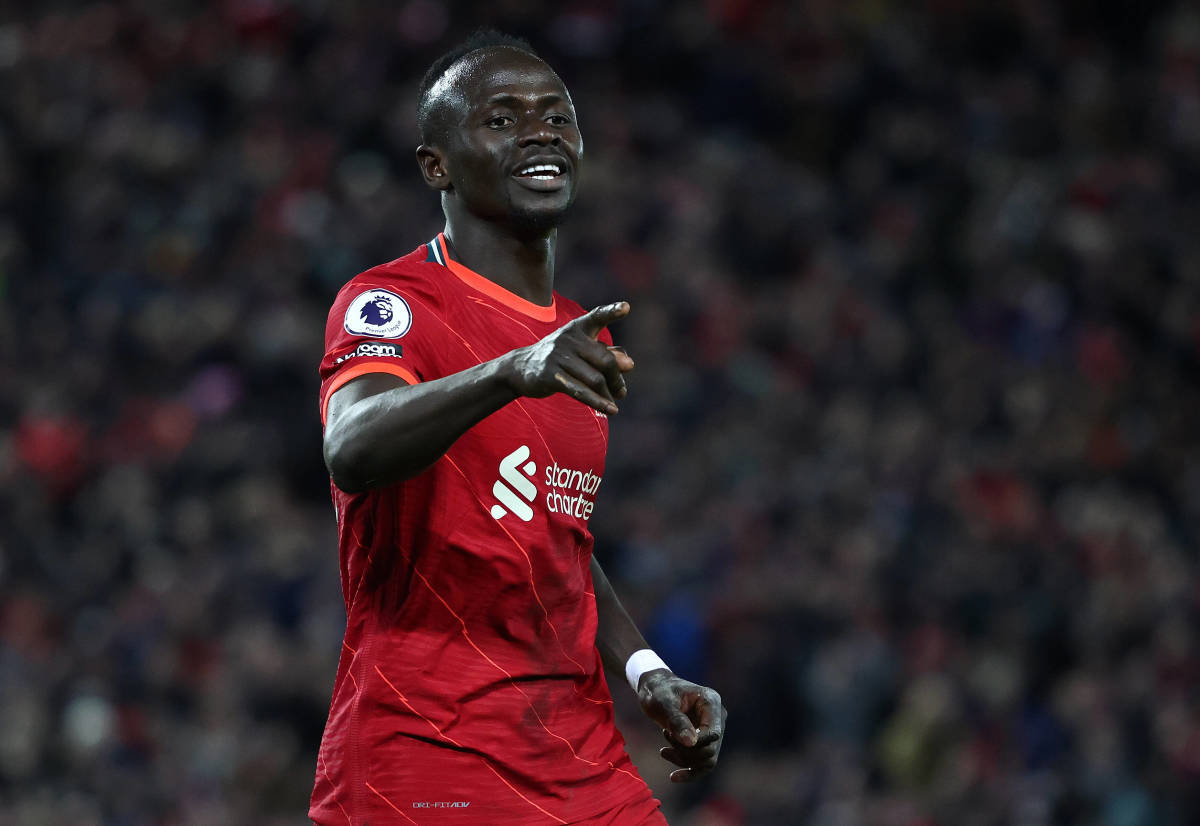 Sadio Mane pictured celebrating a goal for Liverpool against Leeds United in February 2022