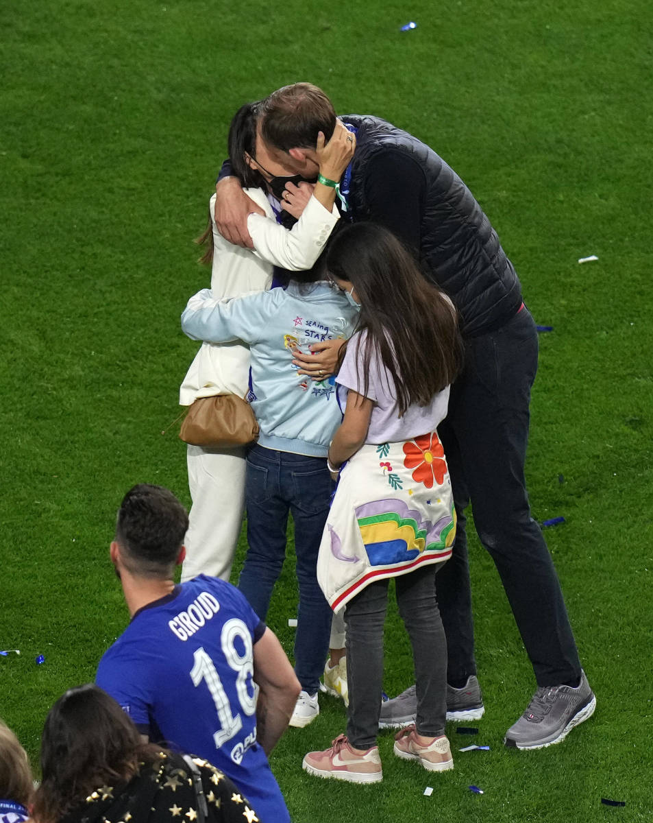 Thomas Tuchel pictured celebrating Chelsea's Champions League triumph in 2021 with his wife Sissi and their two children