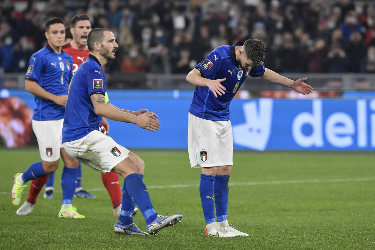 Jorginho looks down in bemusement after missing a penalty for Italy against Switzerland in November 2021