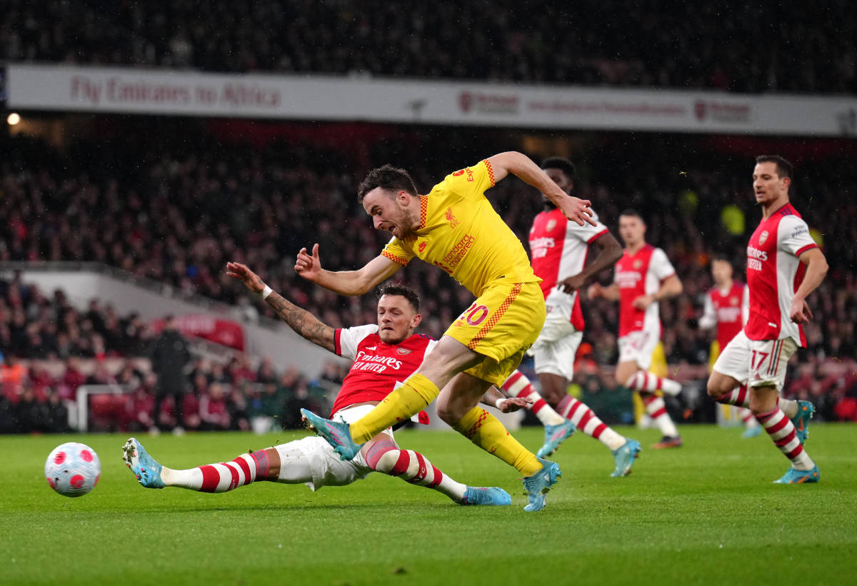 Diogo Jota shoots to score for Liverpool in their 2-0 win at Arsenal in March 2022