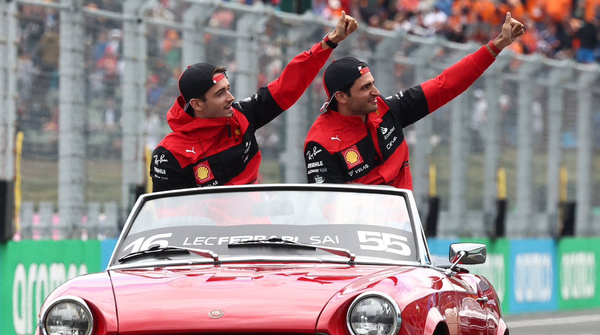 Ferrari drivers Charles Leclerc and Carlos Sainz during drivers parade ahead of Hungarian Grand Prix.