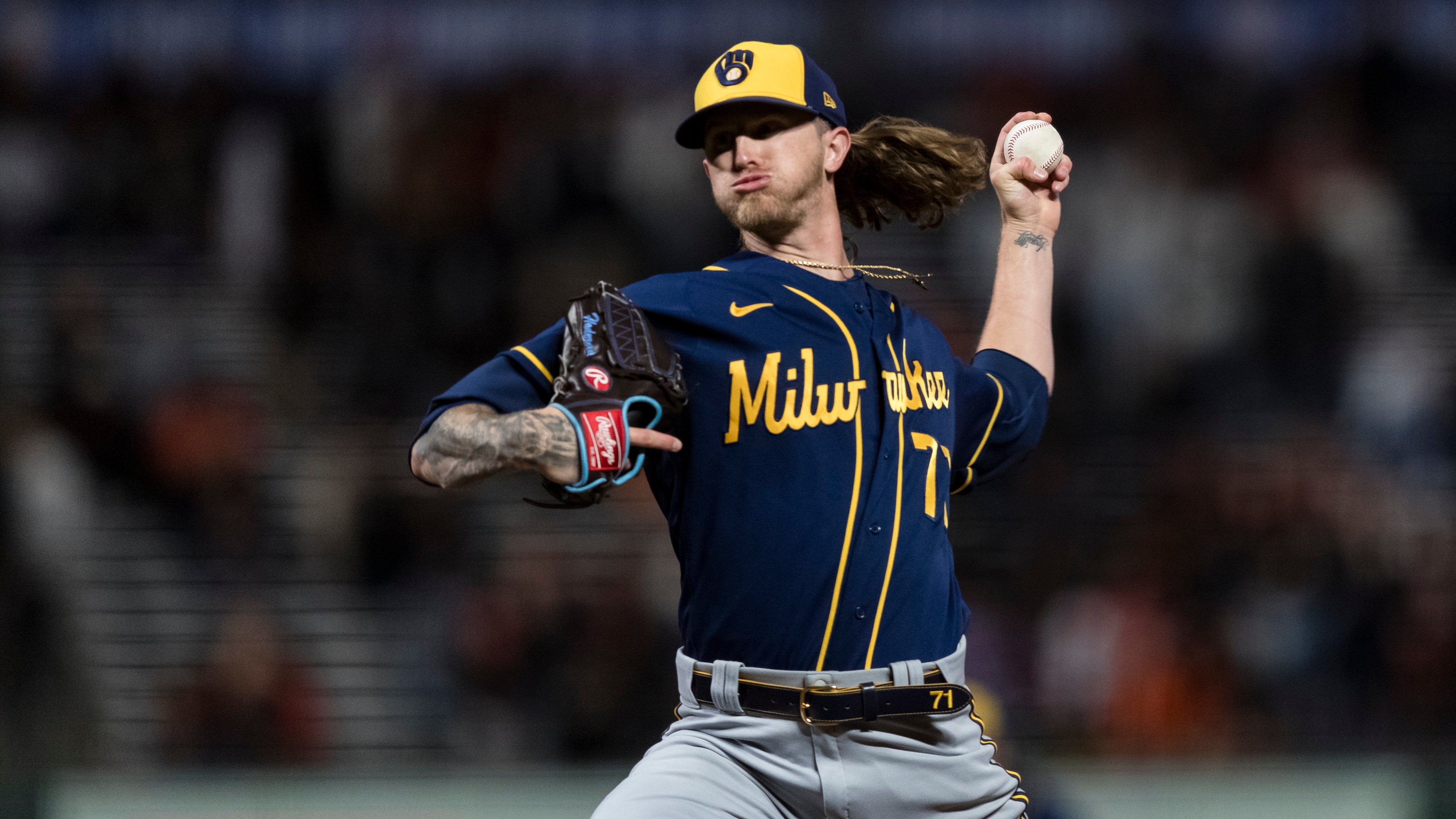 Josh Hader 2022-23 City Connect Brewers x Padres Blue White 71 Split  Edition Jersey - Dingeas