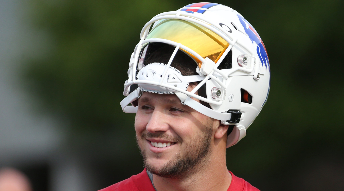 WATCH: Josh Allen tricks Bills fans by wearing red helmet in open practice  