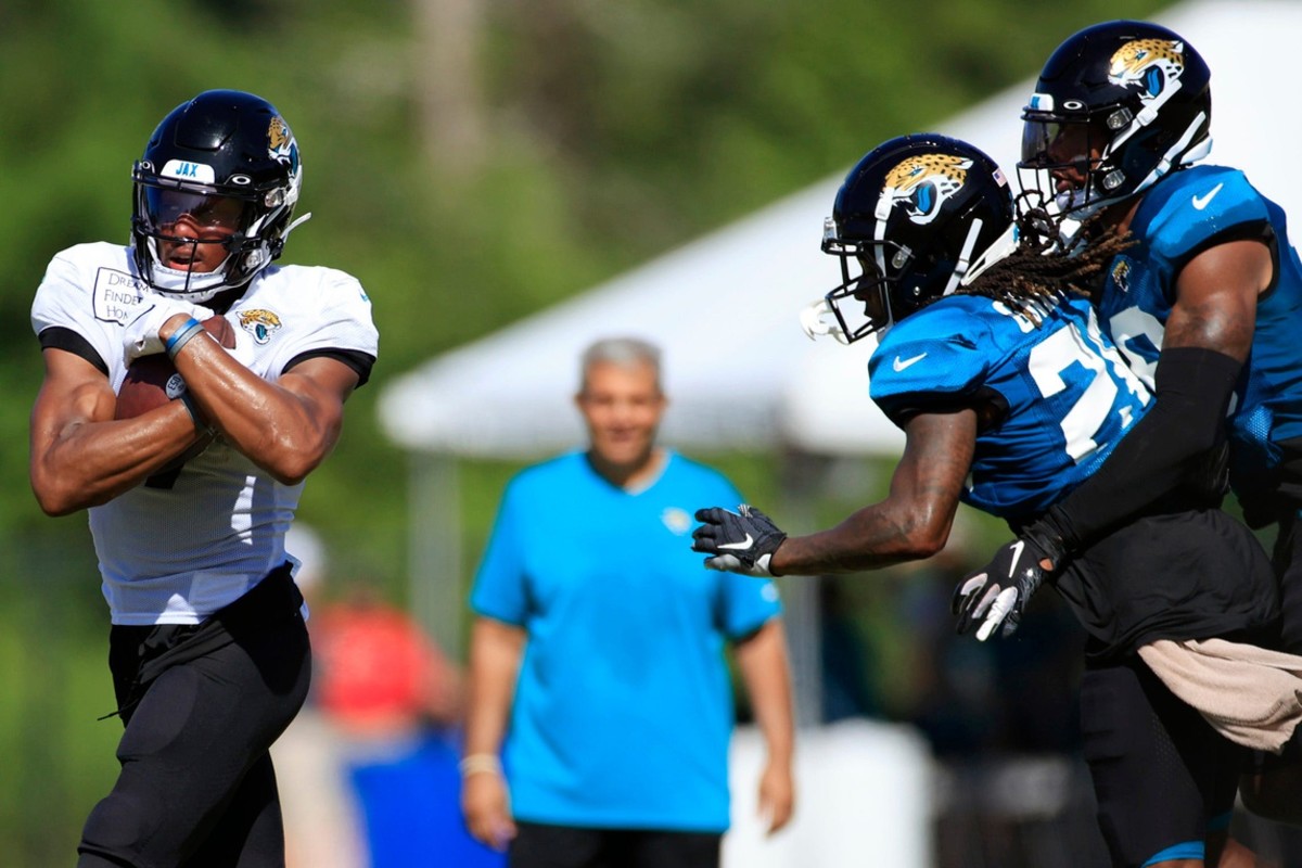 Zay Jones of the Jacksonville Jaguars runs during Training Camp at