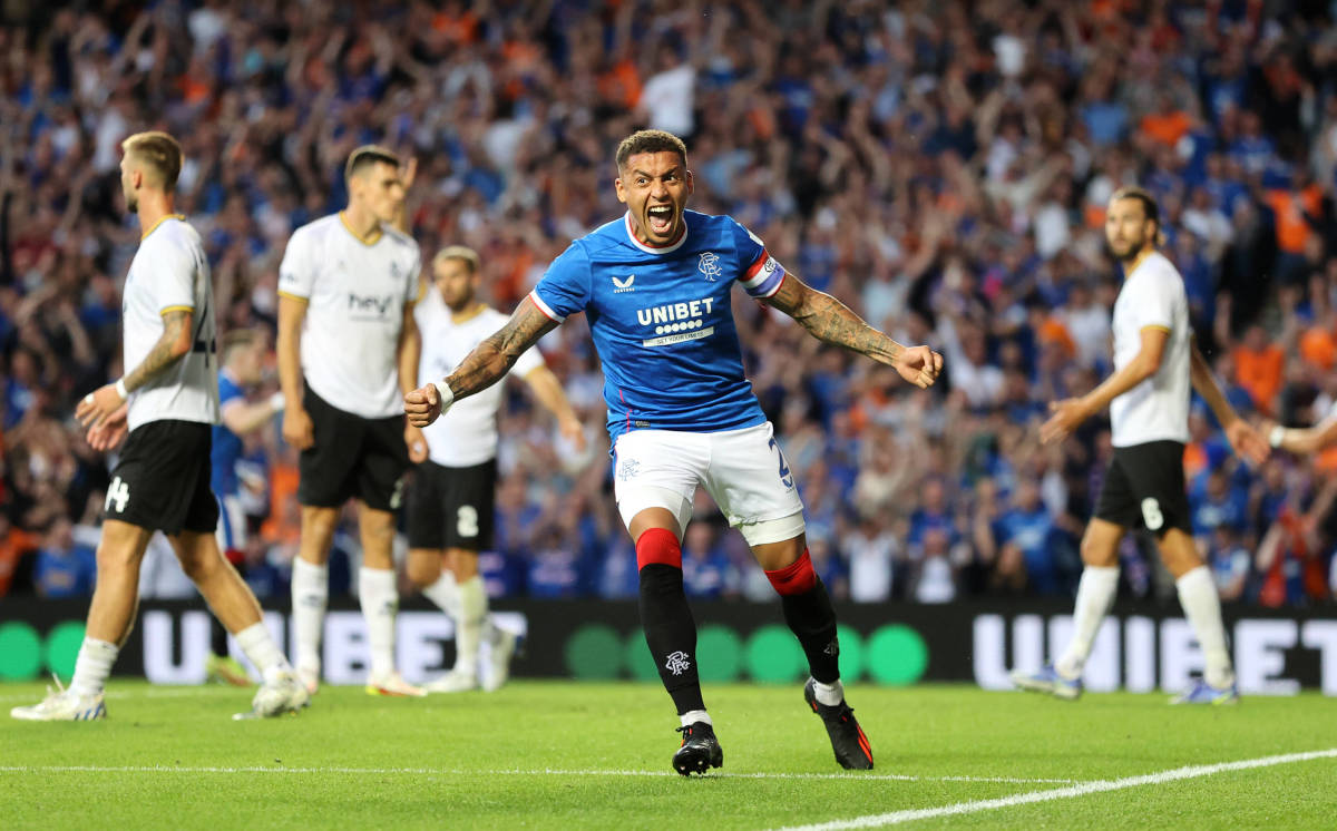 James Tavernier pictured celebrating a Rangers goal against Union Saint-Gilloise in a Champions League qualifying game in August 2022