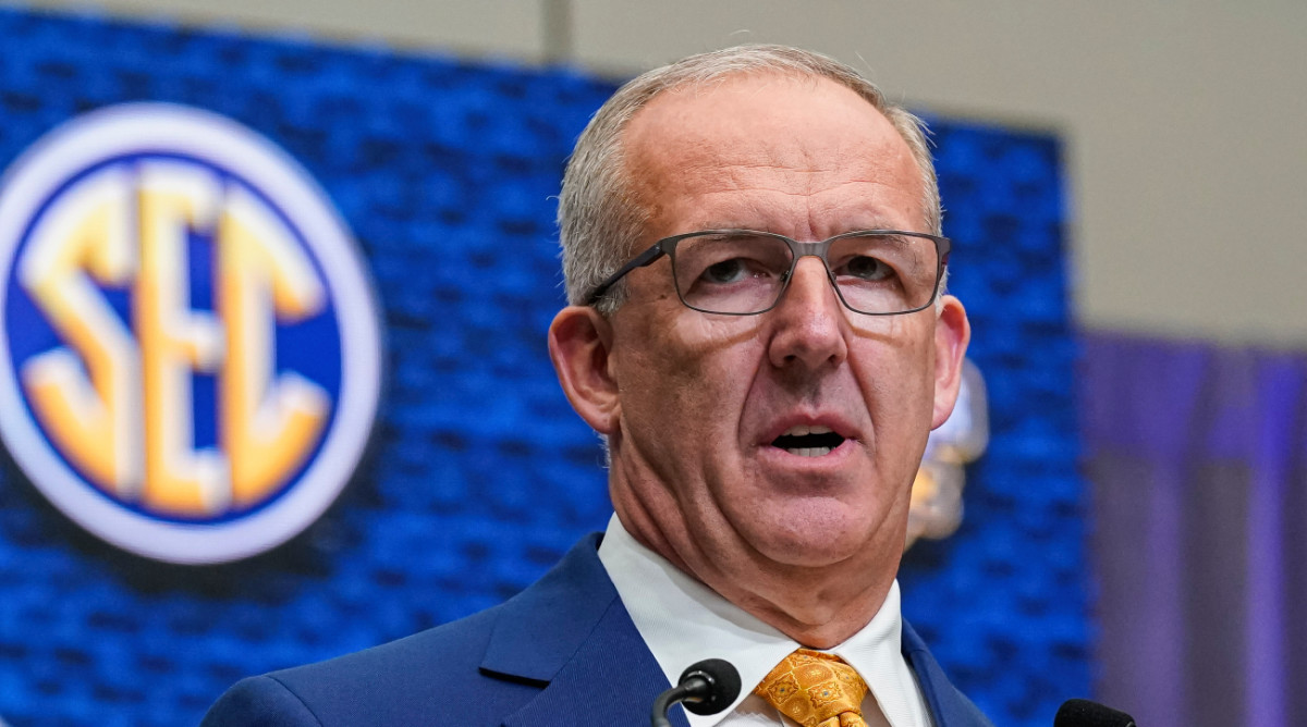 SEC commissioner Greg Sankey delivers comments to open the 2022 SEC Media Days at the College Football Hall of Fame.