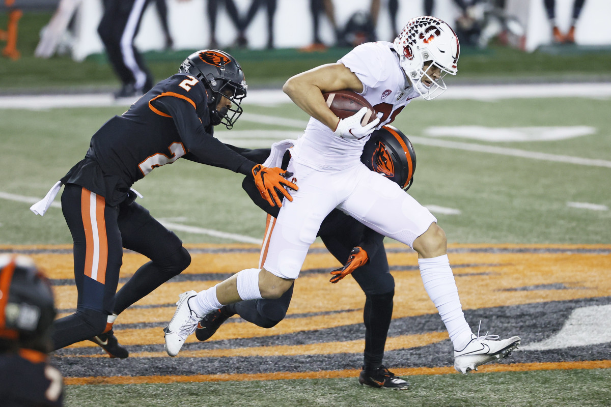 Stanford Cardinal wide receiver Brycen Tremayne (81) catches a pass while being defended by Oregon State Beavers defensive back Rejzohn Wright (1) during the second half at Reser Stadium.