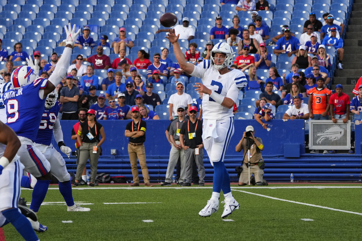 Indianapolis Colts quarterback Jack Coan looks to the sideline during the  second half of a preseason NFL football game against the Buffalo Bills in  Orchard Park, N.Y., Saturday, Aug. 13, 2022. (AP
